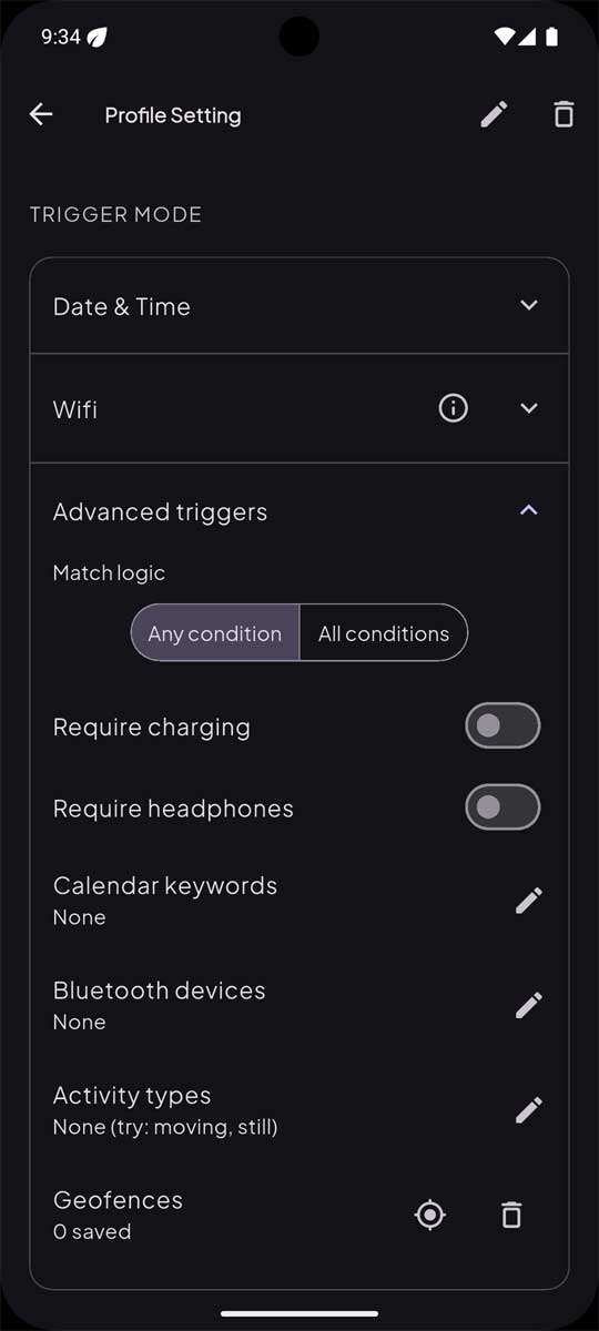 Advanced trigger setup with date and time, Wi-Fi, and activity options.