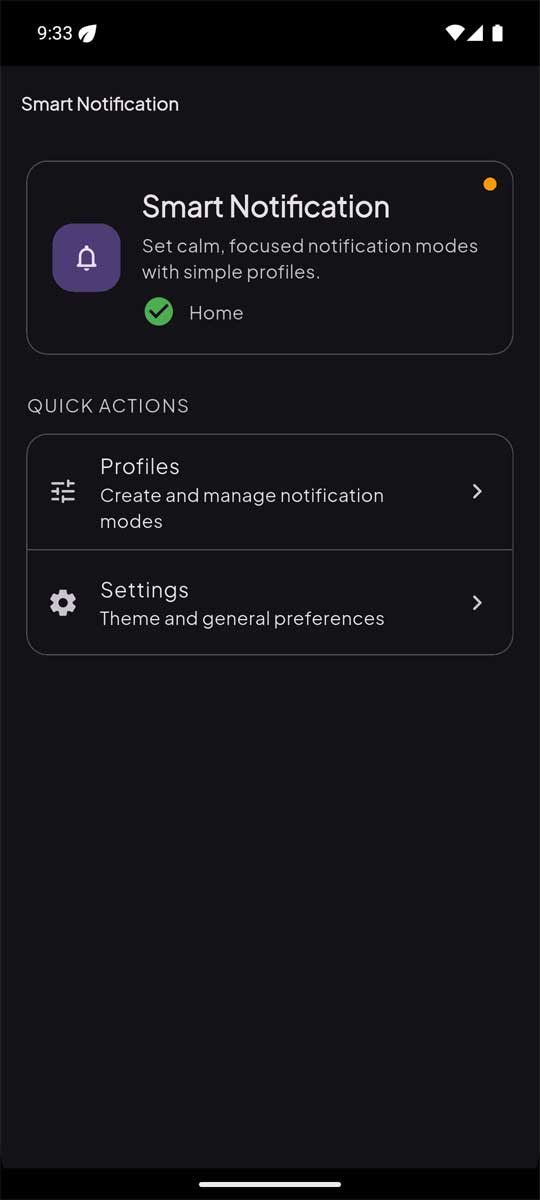 Smart Notifier home screen with quick actions.