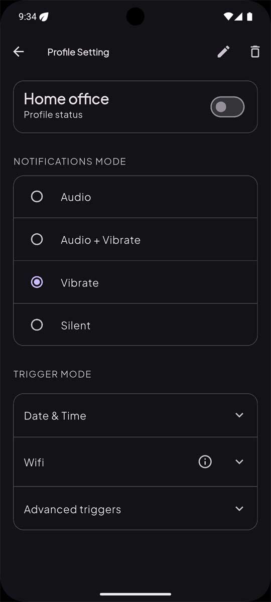Profile settings screen showing notification mode and trigger mode options.